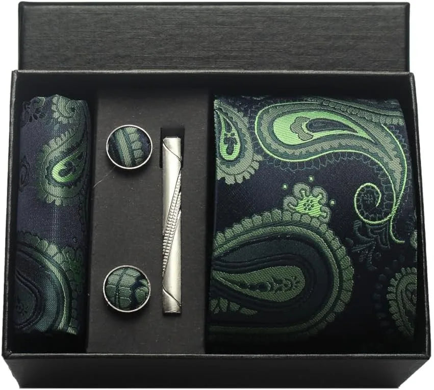 Luxury 100% Silk Paisley Floral Men’s Necktie Set | Business Tie with Matching Pocket Square & Formal Accessories