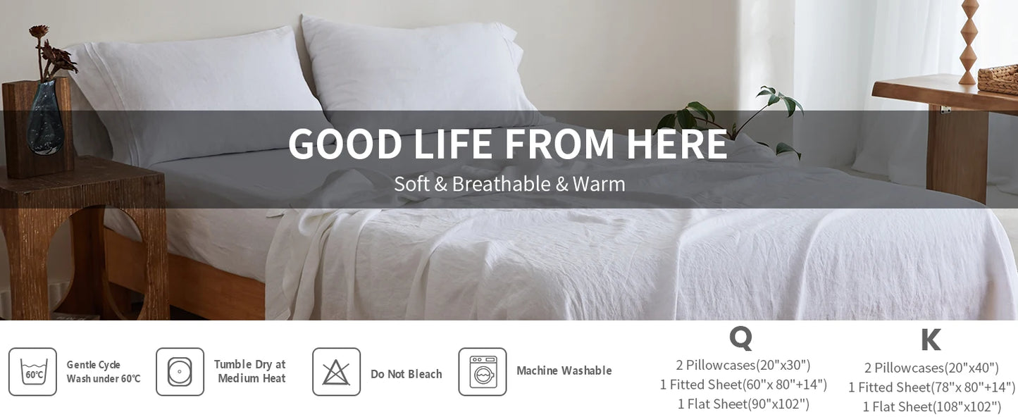 Simple&Opulence 3/4 Pcs 100% Bed Linen Sheet Set Embroidery Washed Natural French Flax Soft Breathable Comforter Sheets Sets