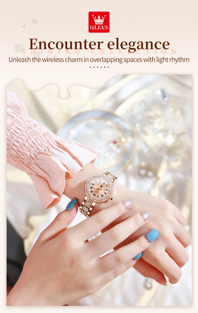 OLEVS Luxury Women’s Waterproof Chronograph Watch. Rose Gold Crystal Fashion Timepiece
