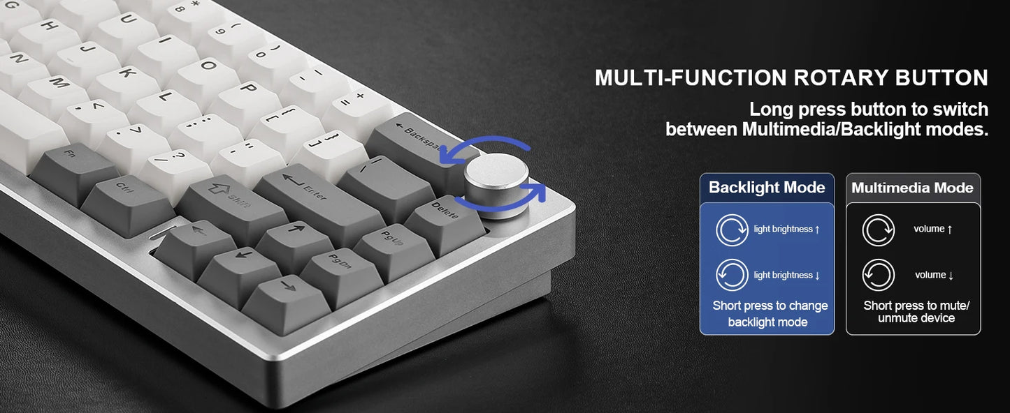 YUNZII AL68 Silver Wireless Custom Mechanical Keyboard, QMK/VIA Aluminum Keyboard, Hot Swap Gasket Gaming Keyboard with Knob