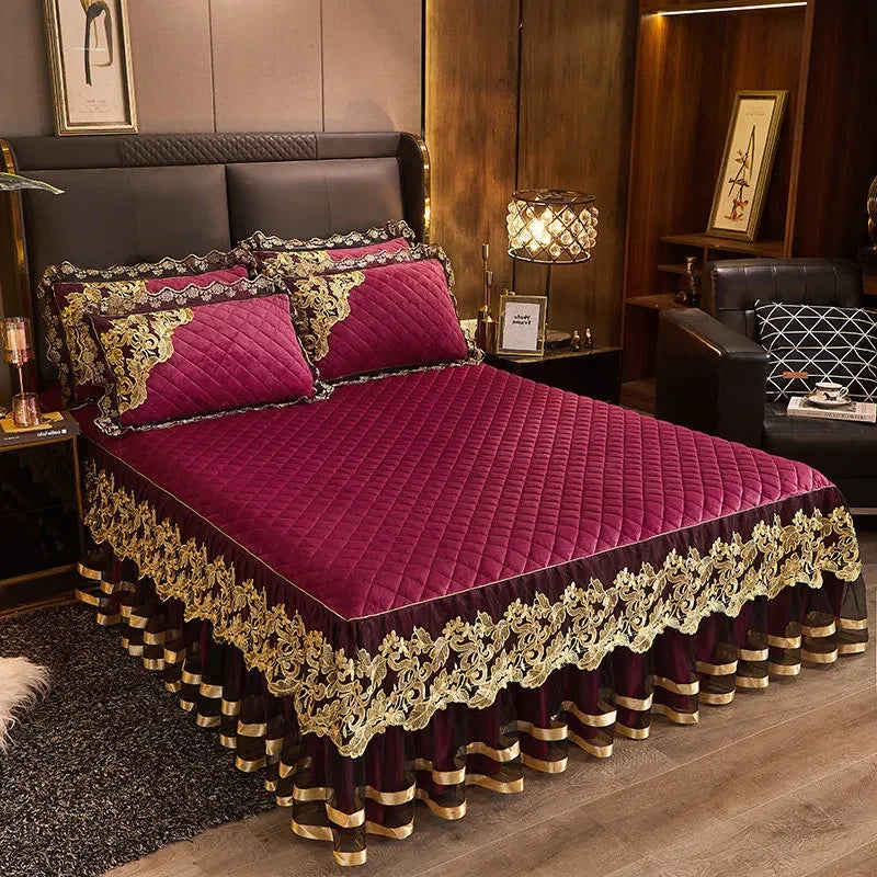 Luxury Gold Embroidered Velvet Quilted Bedspread Set