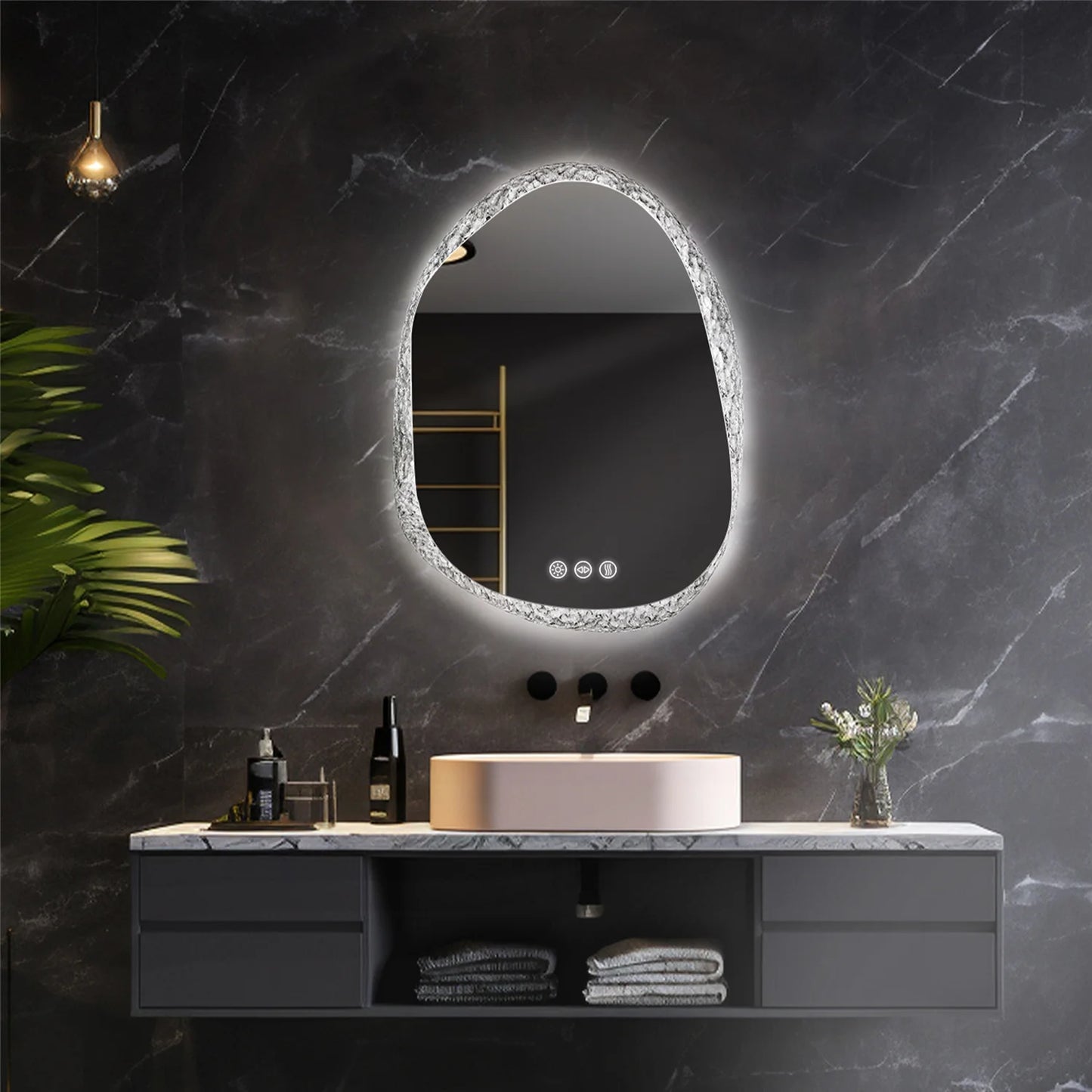 Modern Irregular LED Bathroom Mirror with Lights, Asymmetrical Frameless Smart Lighted Wall Mirror for Living Room Entryway