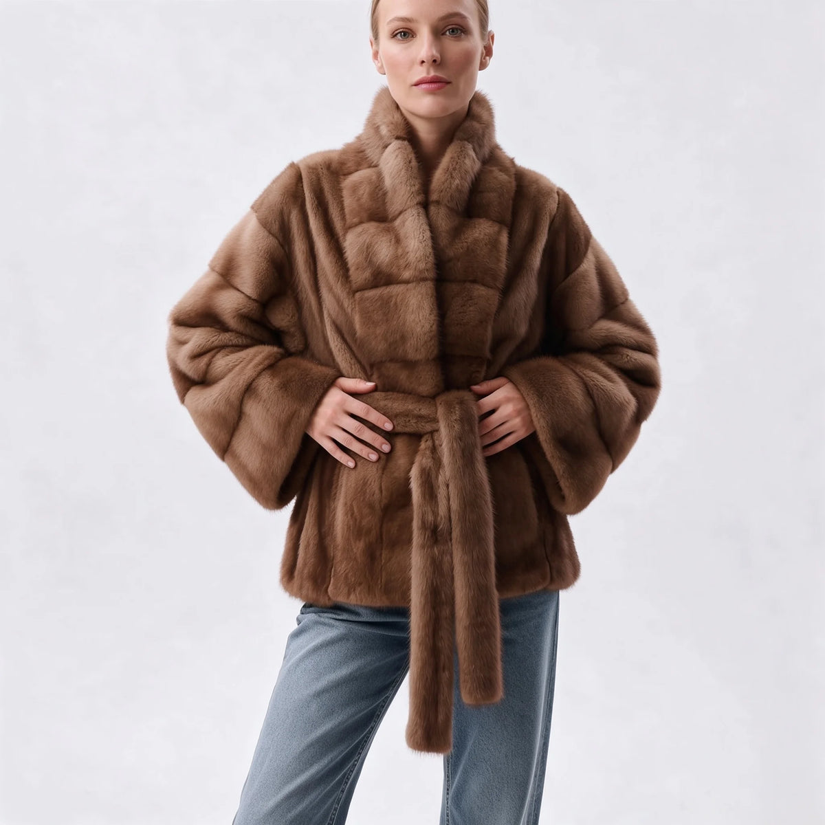 Women's Faux Mink Fur Jacket. Belted Short Winter Coat with Stand Collar
