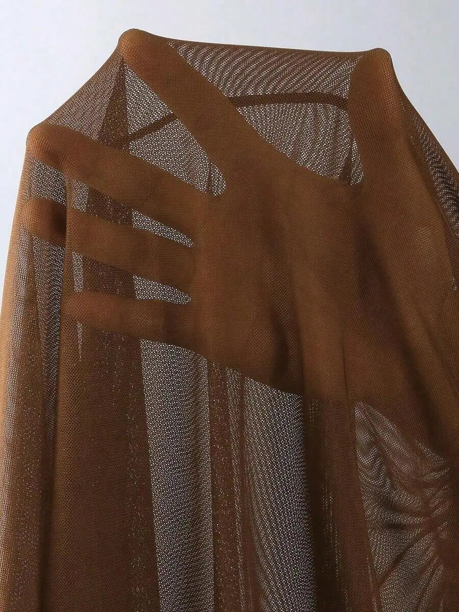 Women’s Brown Deep V-Neck Ruched One-Piece Swimsuit with Sheer Cover-Up | Beach & Resort Swimwear
