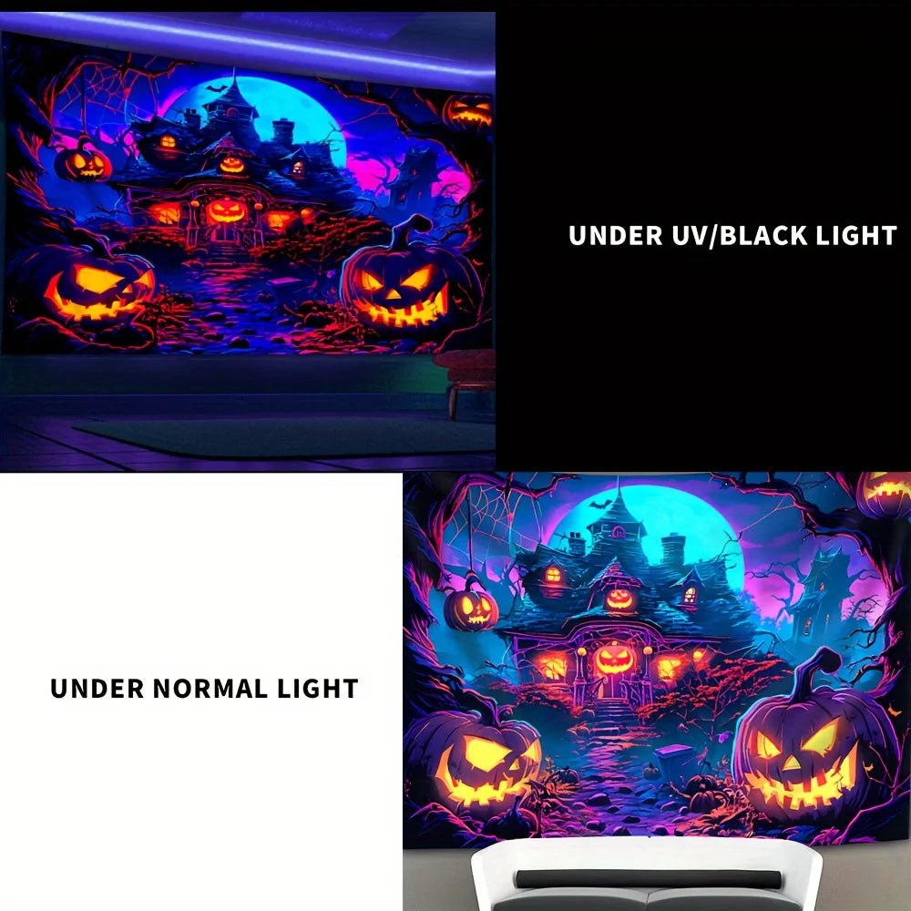 Glow-in-the-Dark Pumpkin House Tapestry - Perfect for Halloween, Party Decor & Home Ambiance, Includes Easy Install Kit