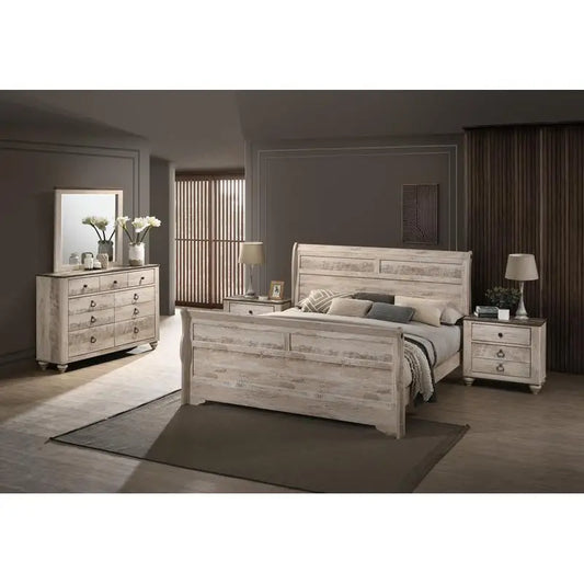 Contemporary White Wash Finish King Sleigh Bed Set with Dresser, Mirror, and 2 Nightstands