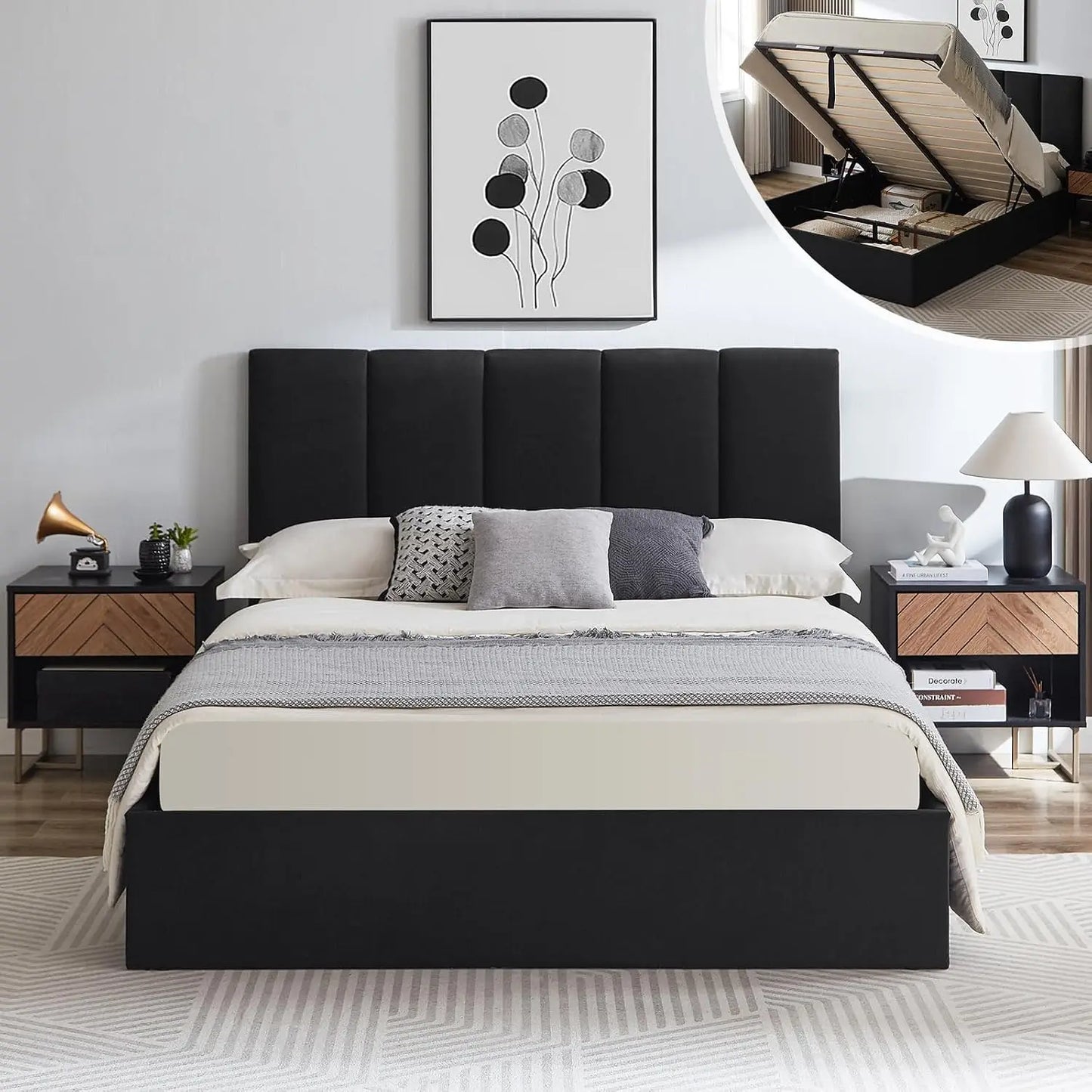 King Size Upholstered Lift-Up Storage Bed with Headboard