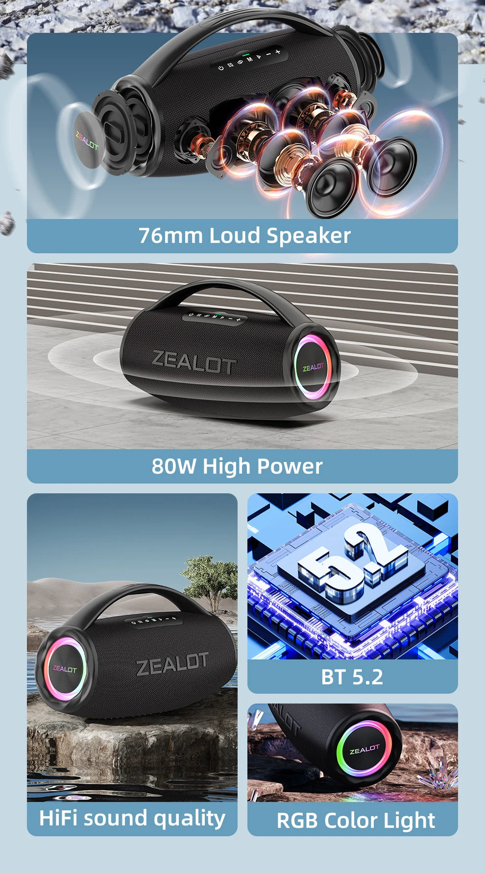 Zealot-S97 80W high power bluetooth speaker portable RGB colorful light waterproof wireless subwoofer 360 stereo surround TWS FM