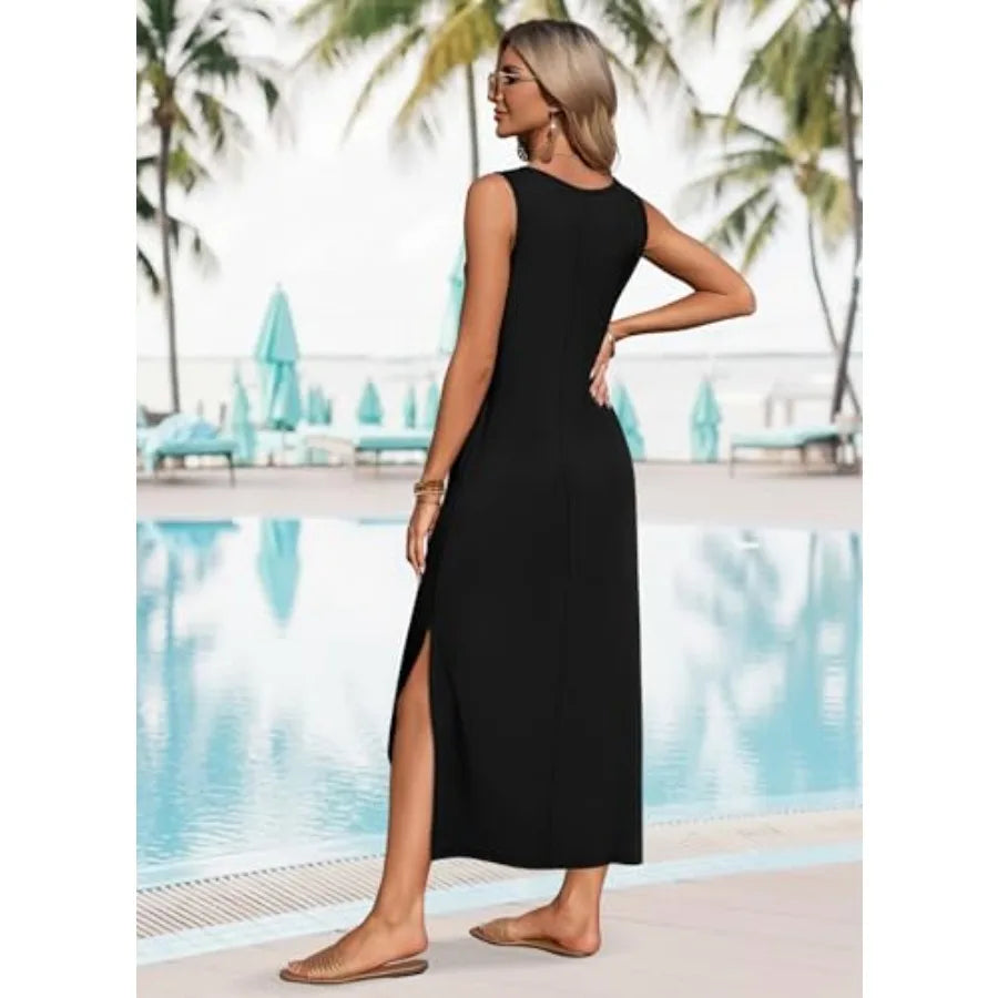 Women’s Sleeveless Casual Maxi Dress | Summer Beach Vacation Side Slit Dress