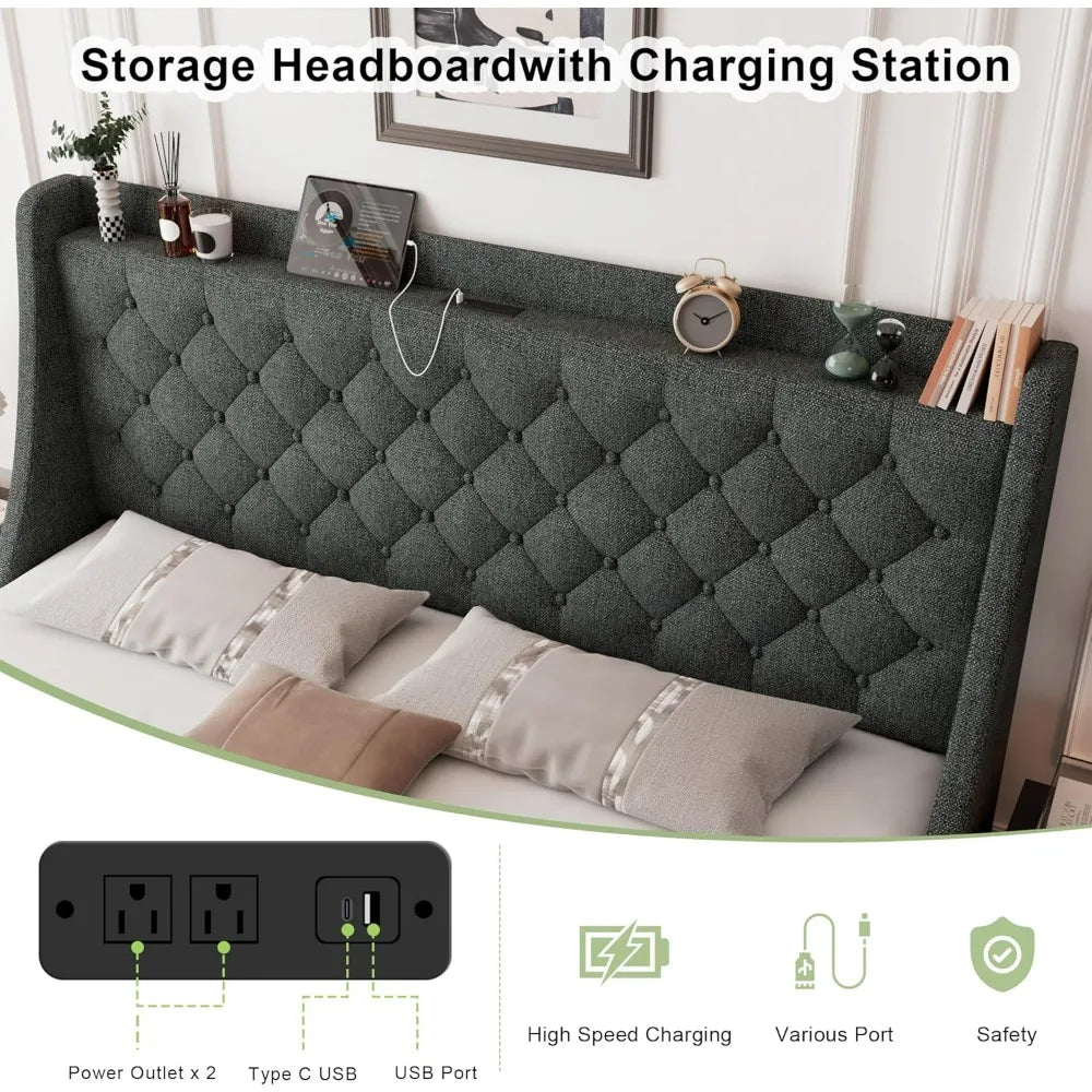 "king-size upholstered bed with 4 storage drawers, tufted wingback headboard and built-in charging station"