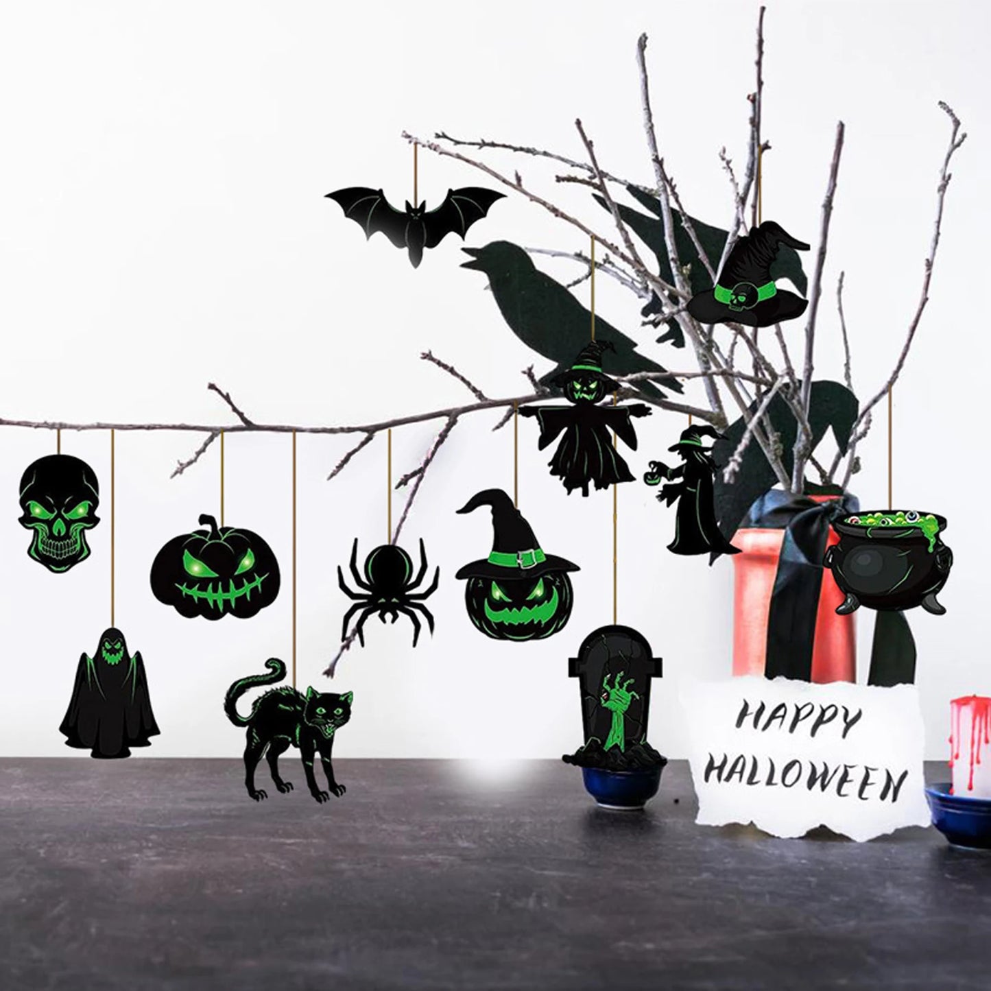 Halloween Hanging Sign 24 Pack Skull Bat Witch Ornaments