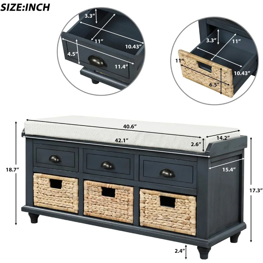 6-Drawer Storage Bench by Knocbel Farmhouse, Ideal for Entryway, Hallway, or Bedroom, with Removable Cushion