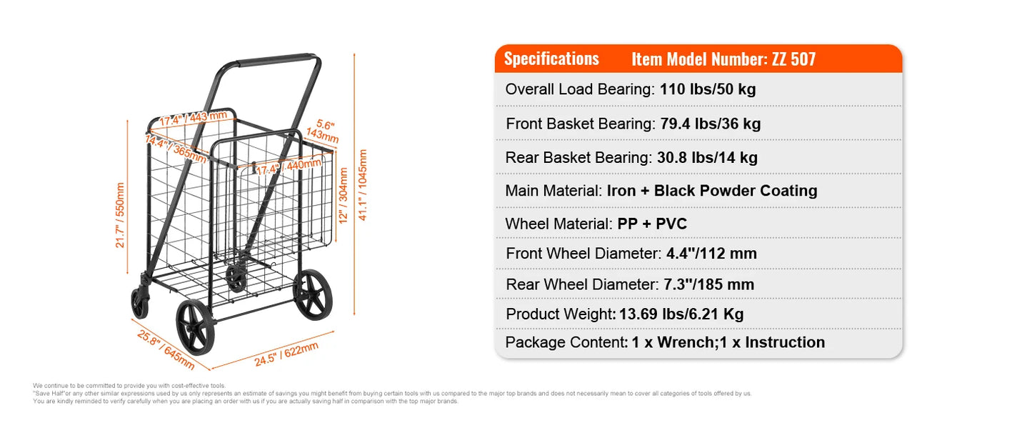 SucceBuy Folding Shopping Cart w/ Removable Waterproof Liner 106/330LBS Large Capacity 360° Swivel Wheels Dense Metal Mesh Base
