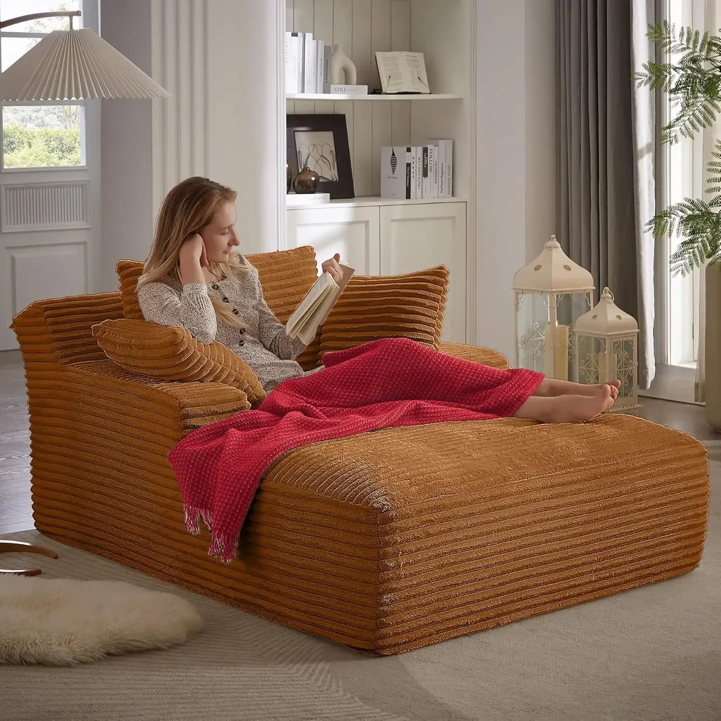 49" Chaise Lounge Indoor, Oversized Chaise Lounge Chair with 3 Comfy Pillows for Living Room Bedroom, Wide Arms Corduroy Fabric