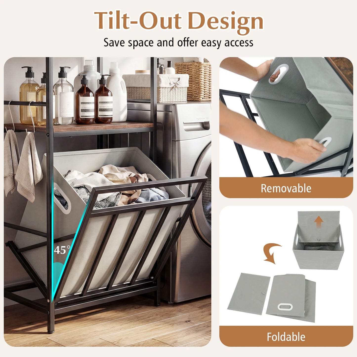 2-Tier Laundry Hamper Organizer with Tilt-Out Basket, Storage Shelf and 4 Hooks