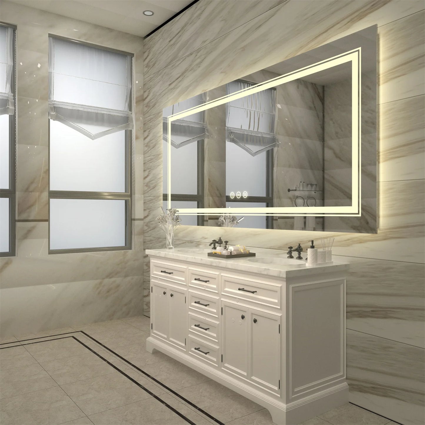 63" x 32" Extra Large LED Light Backlit Bathroom Mirror Dual Lights Makeup Anti-Fog Memory 3 Colors Dimmable With Touch Button