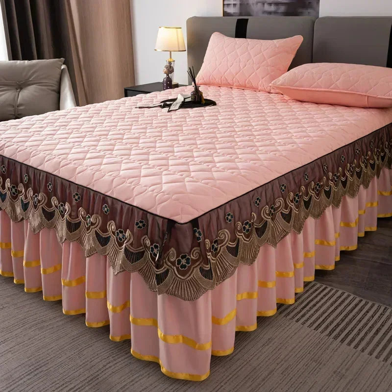 Elegant Embroidered Lace Quilted Bed Skirt Set