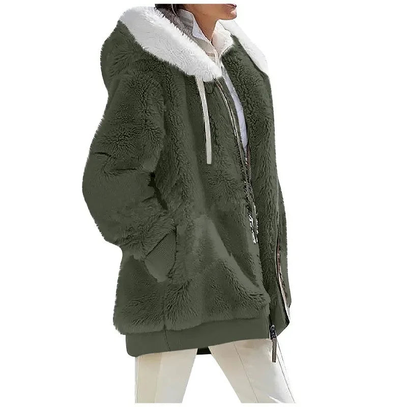 Women's Casual Hooded Winter Coat – Long Sleeve Fleece-Lined Zip-Up Jacket