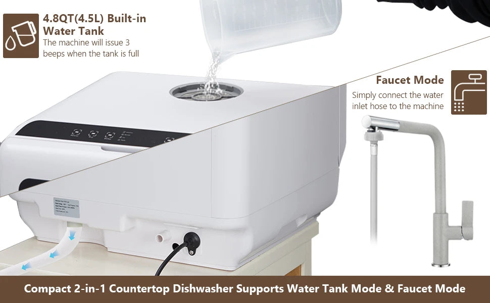 Portable Dishwasher,Countertop Dishwasher with 5L Water Tank,5 Programs, Dual Sprays,149℉ High Temp & Air Dry, Mini Dishwasher