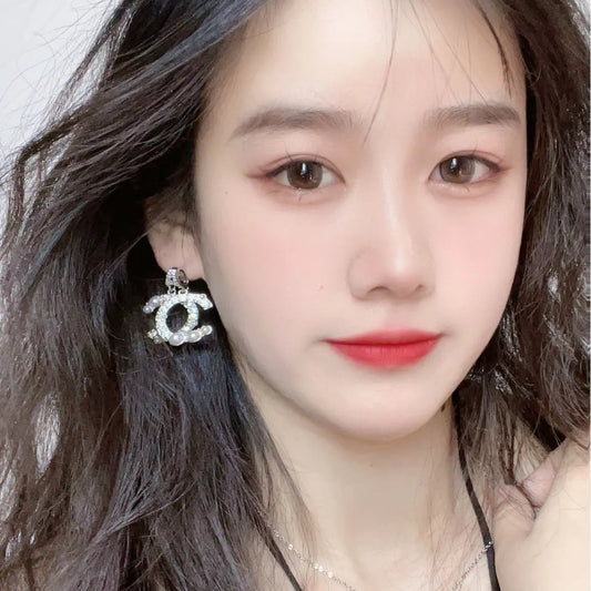 MDL Little Frag.ance Diamond Double C Necklace 18k Gold Plated Double Pearl Stud Earrings