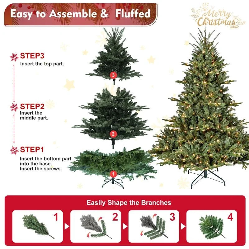 7FT Premium Pre-Lit Christmas Tree with 750 LED Lights, 2,257 PE/PVC Branch Tips & Wide Base