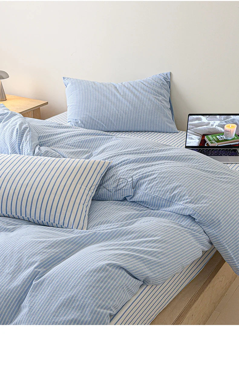 Japanese Blue Striped 100% Cotton Duvet Cover Set. Queen Size