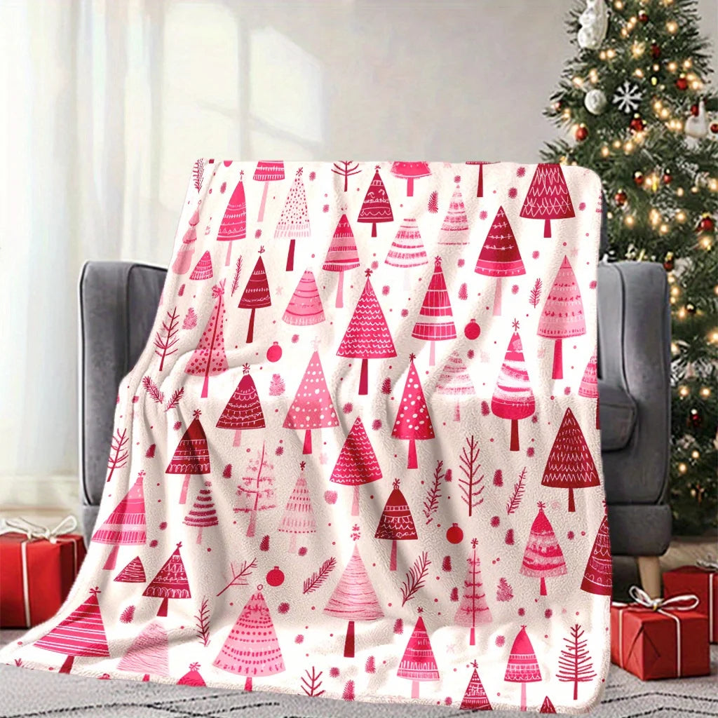 Cozy Pink Christmas Tree Flannel Throw Blanket .Ultra Soft Holiday Blanket for Sofa, Bed & Winter Decor
