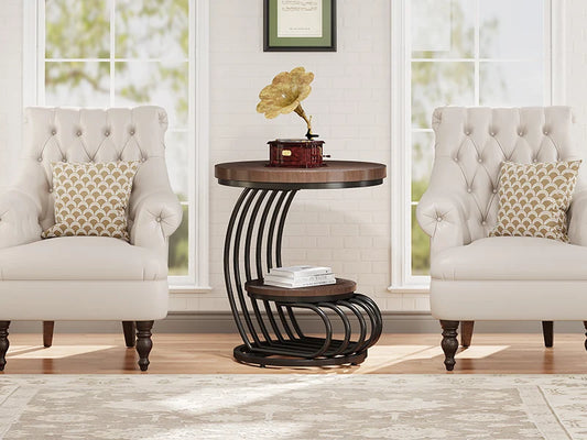 Round End Side Table: Side Table with 2 Tiers Storage Shelves, Small Bedside Table Accent Table with Arc-Shaped Frame