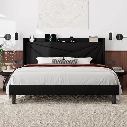 "linen-covered king-sized platform bed with wingback headboard and built-in charging station"