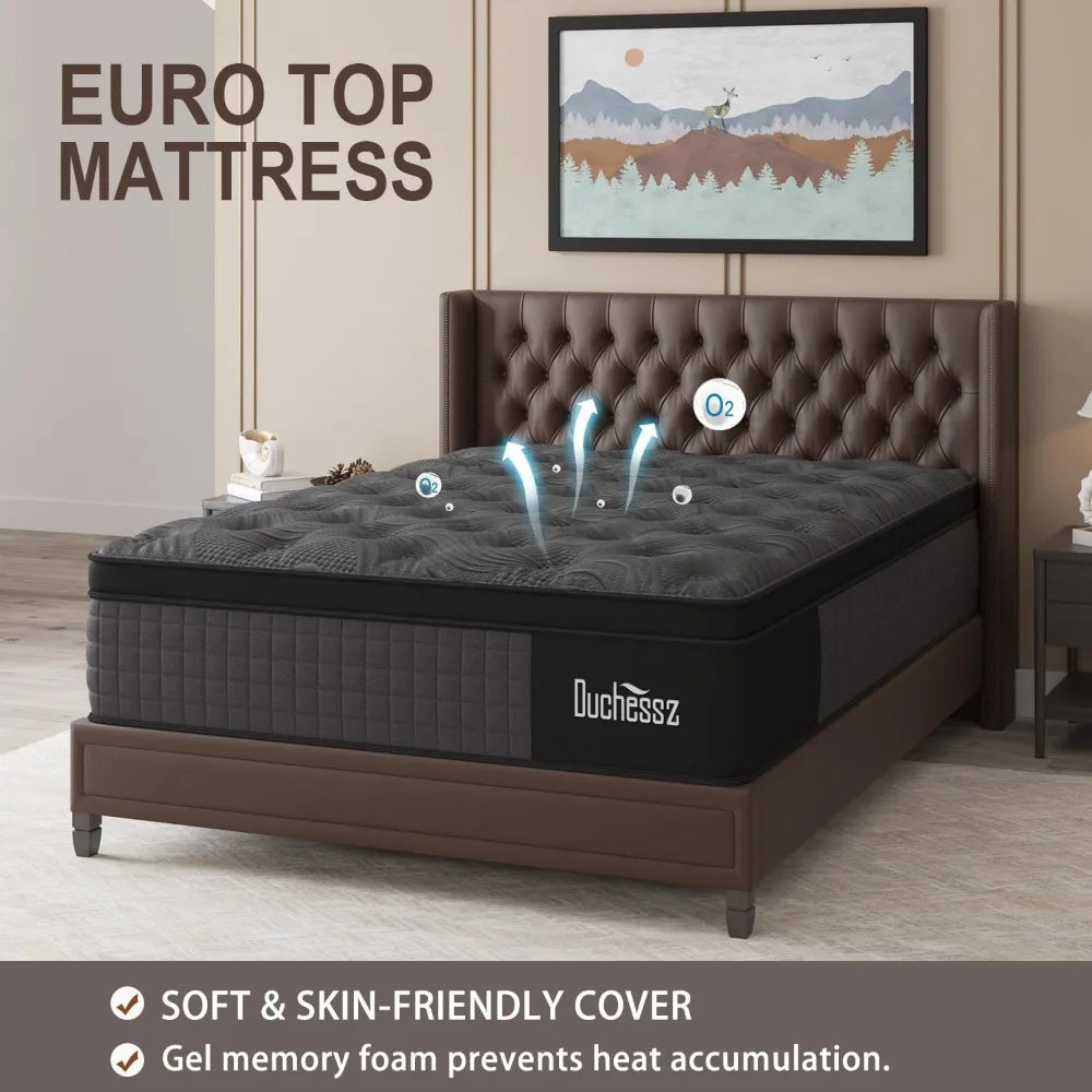 Queen Mattress, 14 Inch Hybrid Mattresses Black with Gel Memory Foam and Individually Pocket Innerspring Euro Top Medium Firm fo