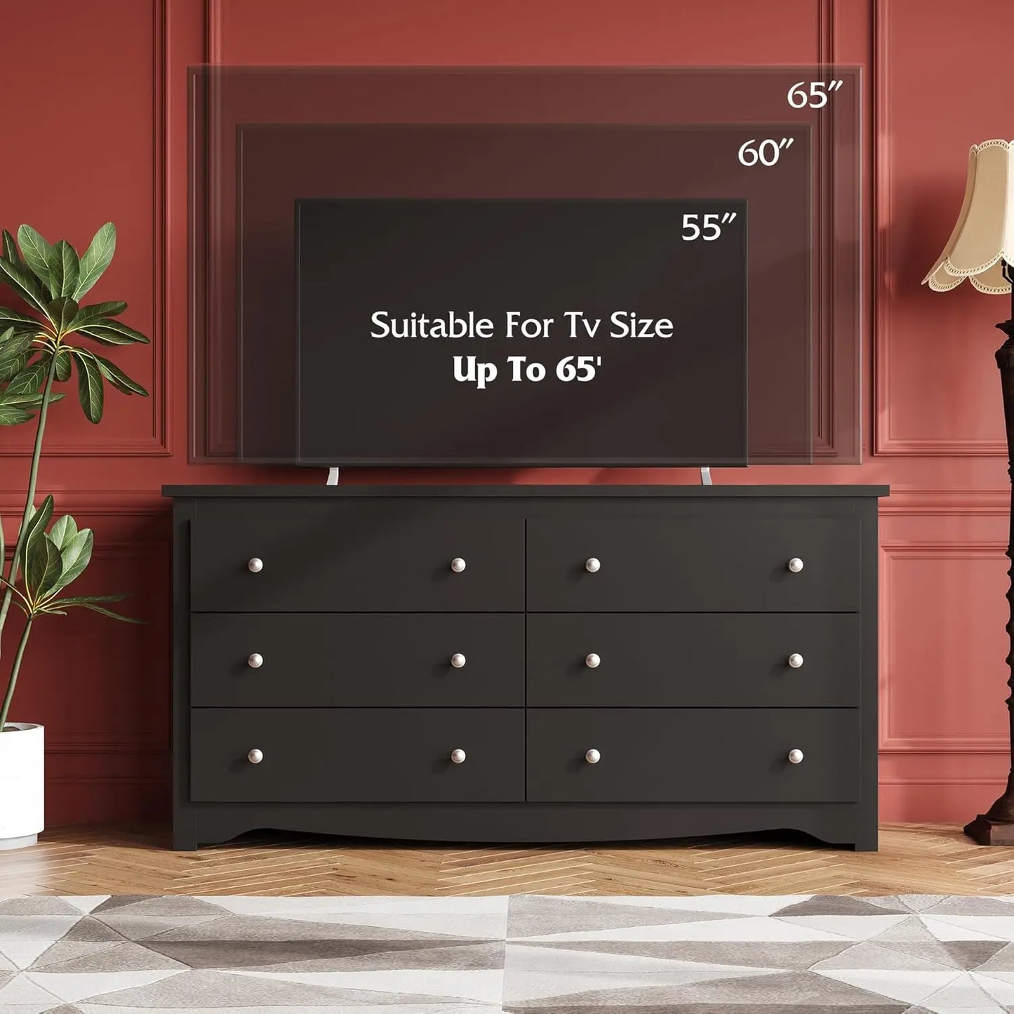 Wood Dresser with 6 Drawer Wide Chest of Drawers for Bedroom Long Nightstand with Drawers Modern Large Storage Tower Unit Closet