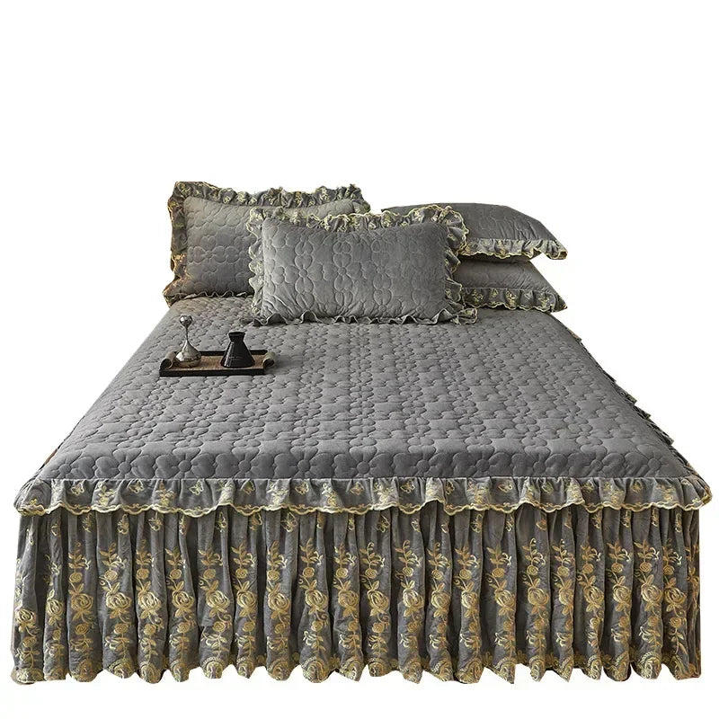 Luxury Velvet Ruffled Bedspread Set with Pillow Covers
