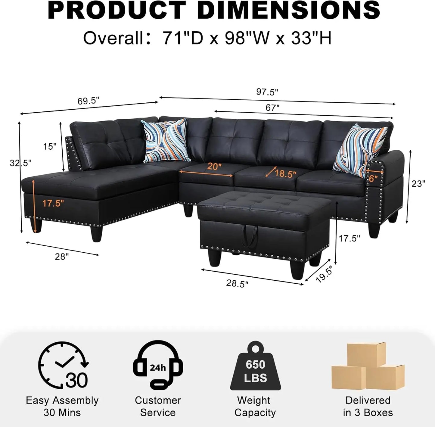 Sectional Sofa Couch Modern 4 Seater Chaise Lounge Ottoman