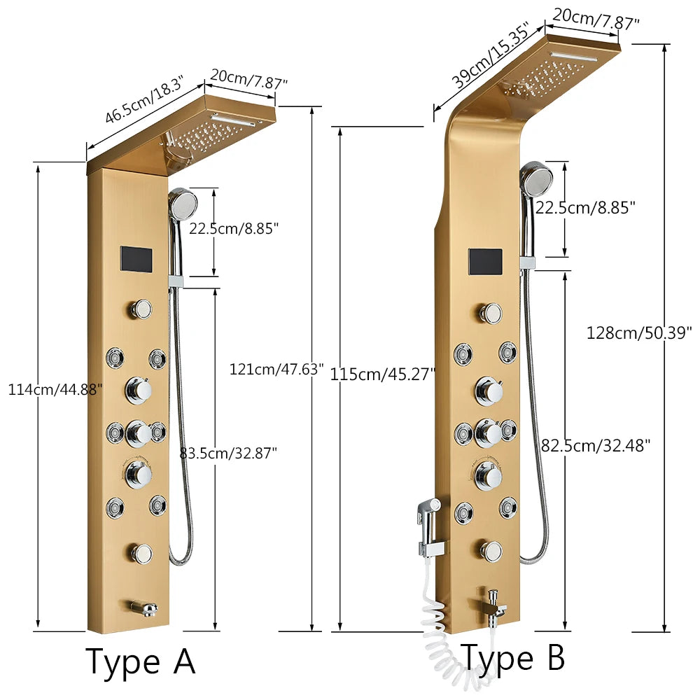 Golden Shower Panel LED Light Bathroom Bath Shower Column Tower Digital Screen Waterfall Rain shower Mixers Rotate Massage Jets