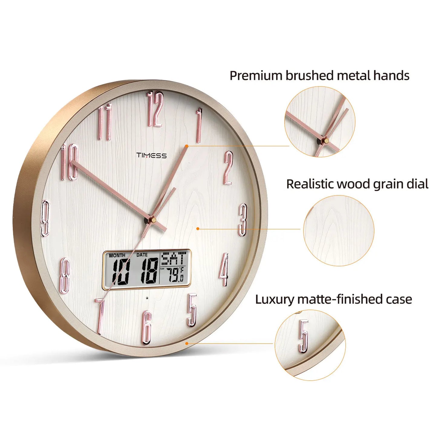 TIMESS Smart Luminous Wall Clock with Digital Display & Night Light