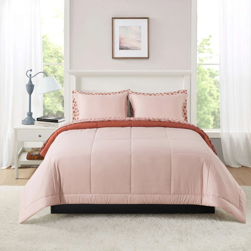 7-Piece Reversible Comforter Set with Sheets Soft Pink Red Canyon King Bedding Set Cozy Storage Bag Machine Washable