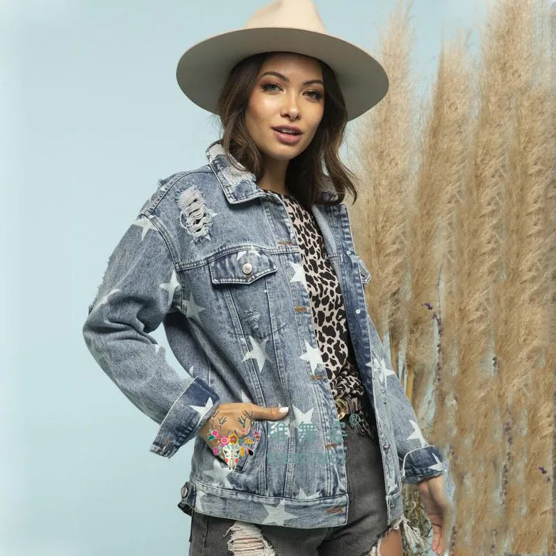Women Denim Jacket Star Pattern Ripped Detail Casual