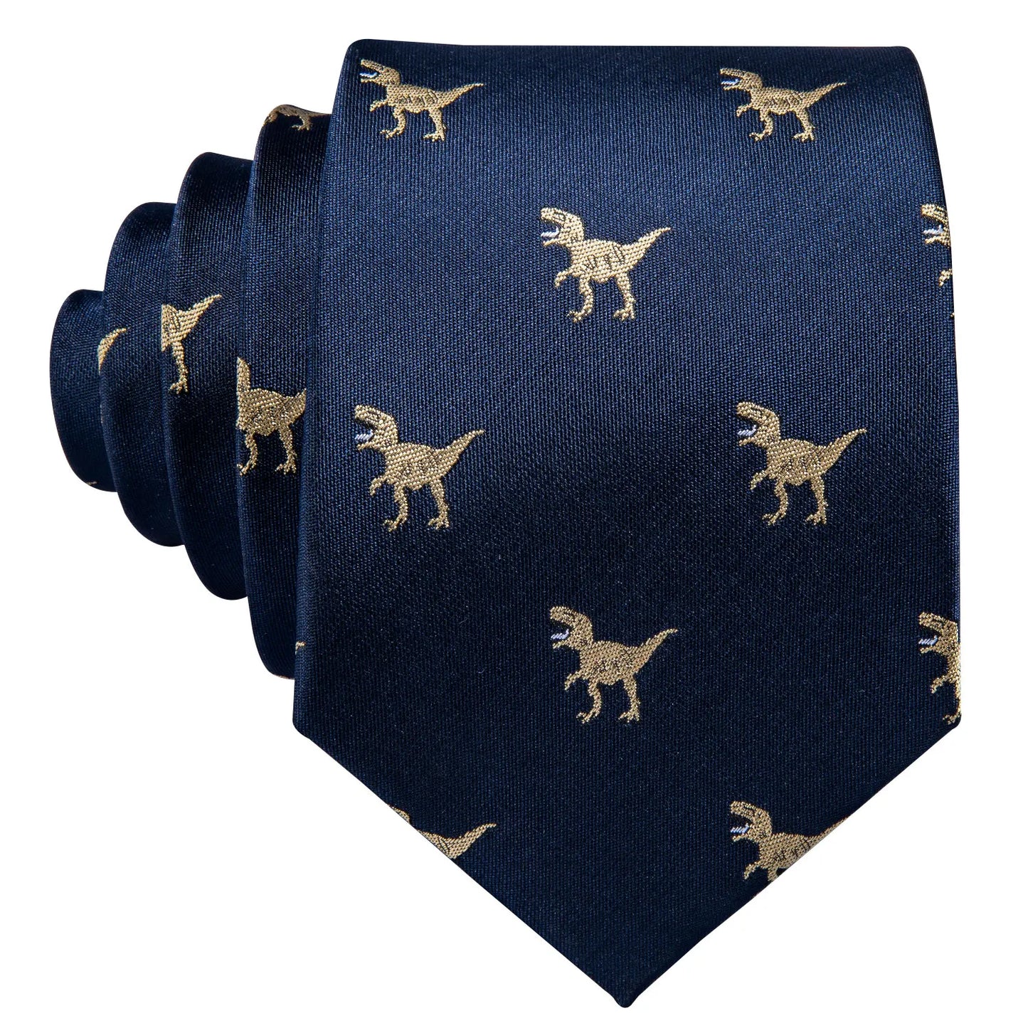 Men’s Luxury Dinosaur Necktie Set . Navy Blue Silk Tie, Pocket Square & Cufflinks for Business, Weddings & Special Events