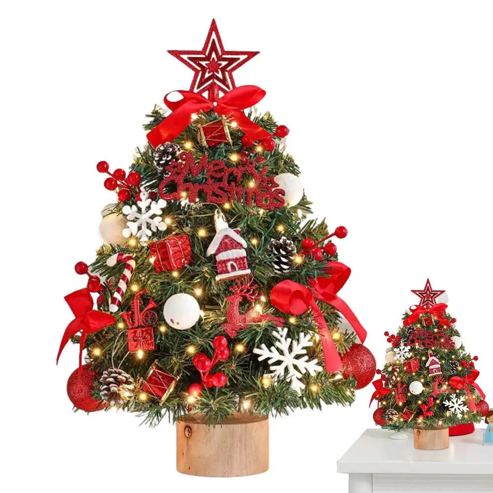 Decorated Tabletop Artificial Christmas Tree. Mini Pre-Decorated Holiday Tree with LED Lights, Ornaments & Star Topper