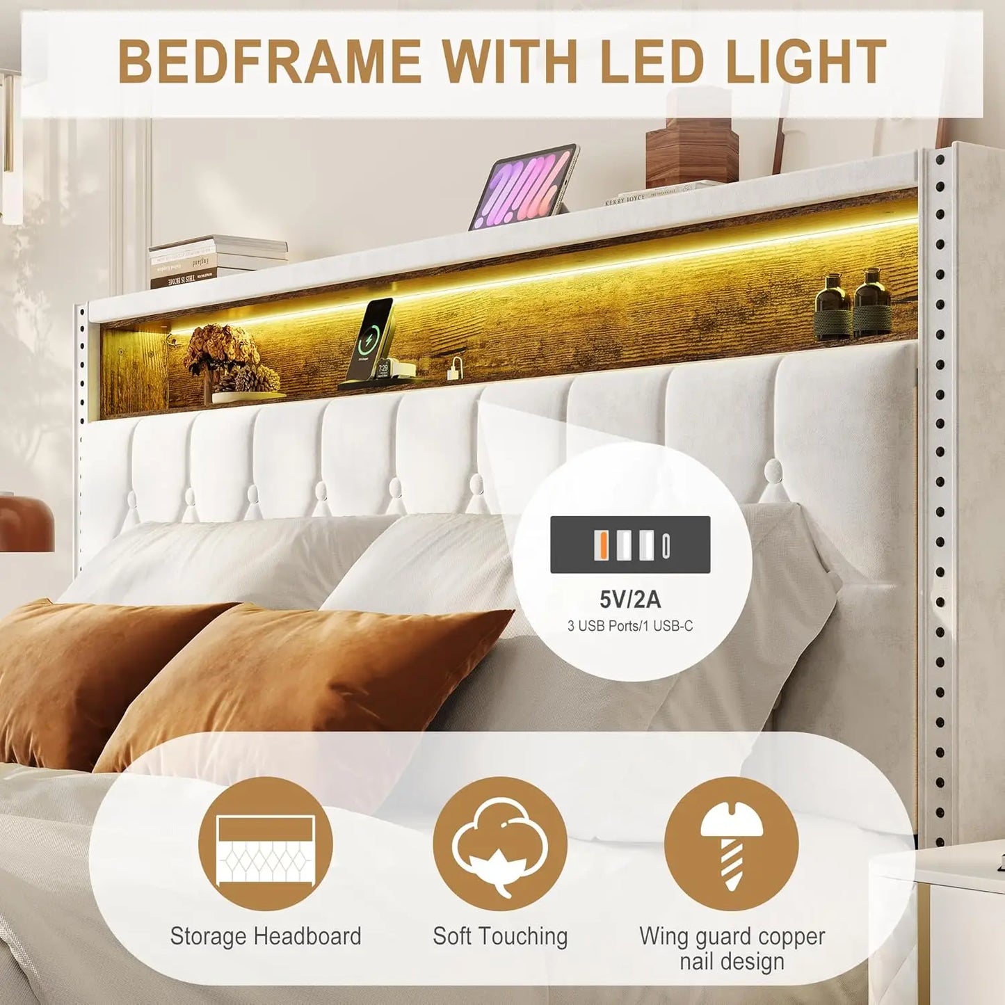 Bed Frame with Headboard and LED Lights Upholstered Platform Bedframe with Charging Station No Box Spring Needed Easy Assembly W