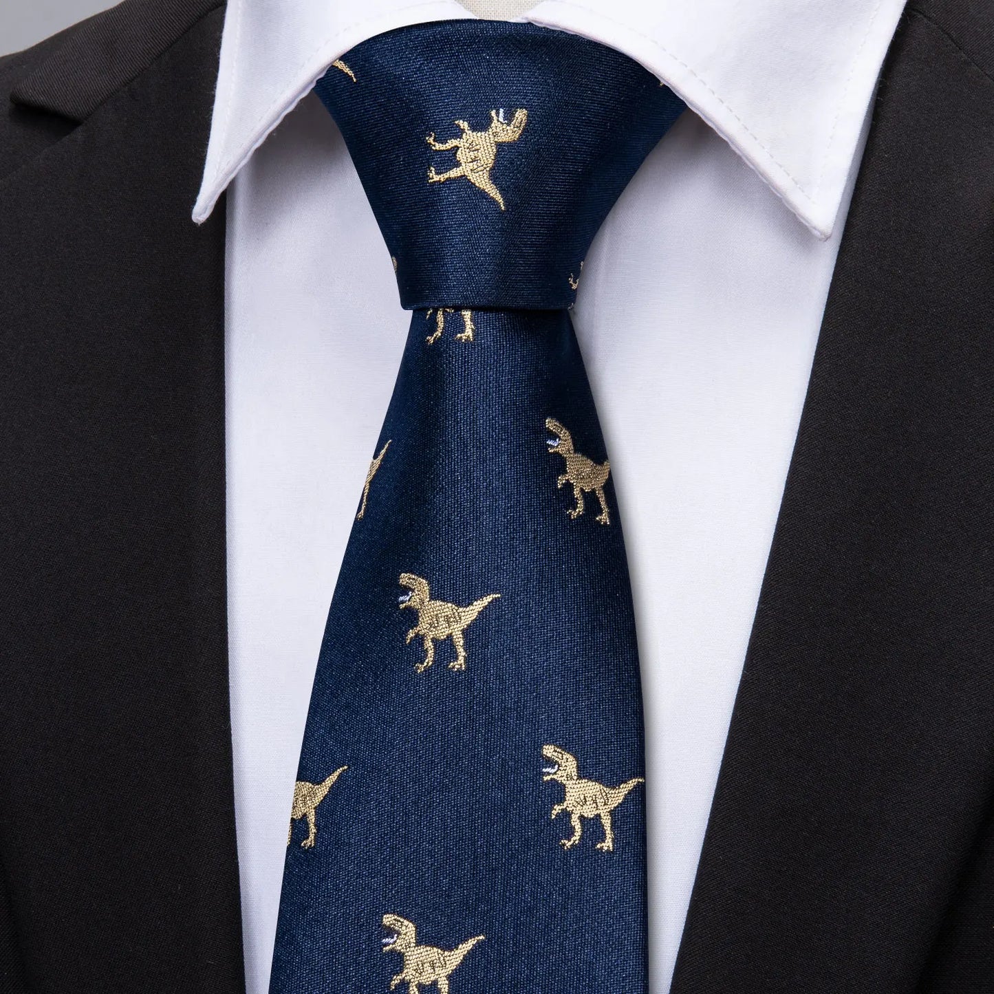 Men’s Luxury Dinosaur Necktie Set . Navy Blue Silk Tie, Pocket Square & Cufflinks for Business, Weddings & Special Events