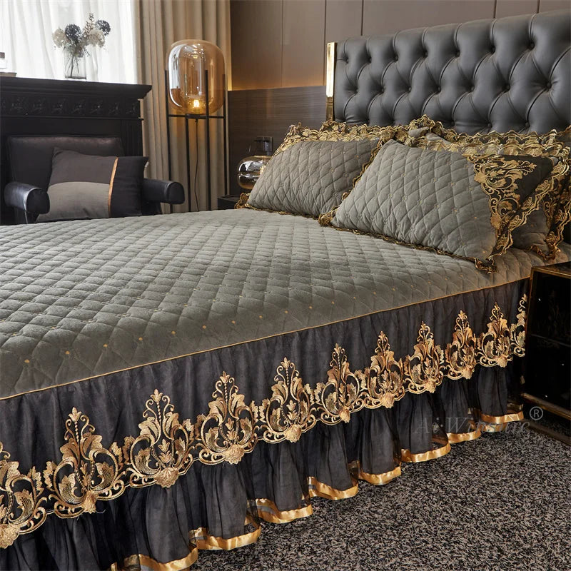 AIWINSURE-European Lace Velvet Bedspread Set, King Size, Queen Thickened Bed Cover, Soft Bed Skirt, Luxury, with 2 Pillowcases