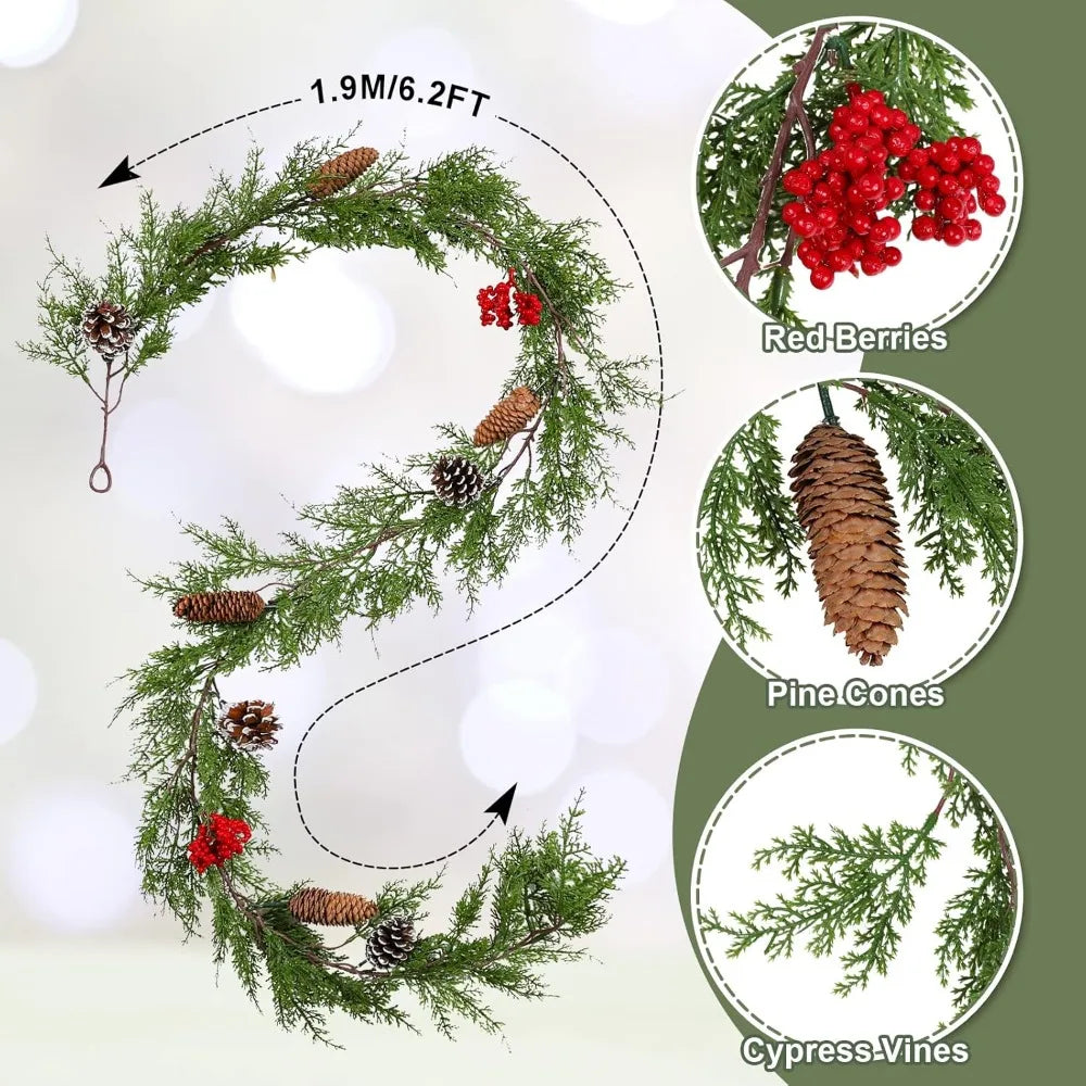 Christmas Garland With Red Berries Pine Cones Indoor Cedar