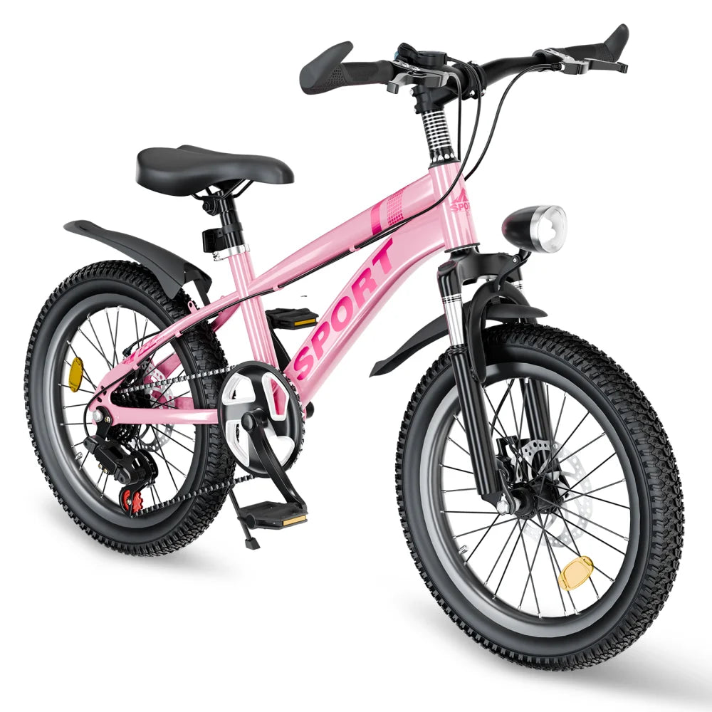 FKZNPJ 20-Inch Kids Mountain Bike . 7-Speed Bicycle with Front Suspension, Dual Disc Brakes & Adjustable Seat