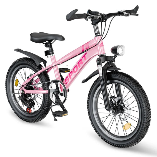 FKZNPJ 20-Inch Kids Mountain Bike . 7-Speed Bicycle with Front Suspension, Dual Disc Brakes & Adjustable Seat