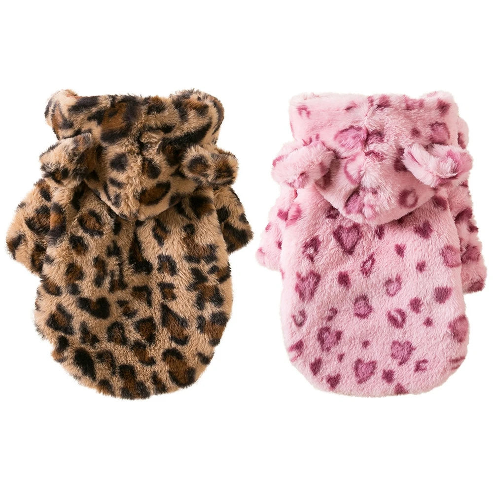 Luxury Leopard Print Fleece Dog Hoodie .Warm Winter Pet Jacket