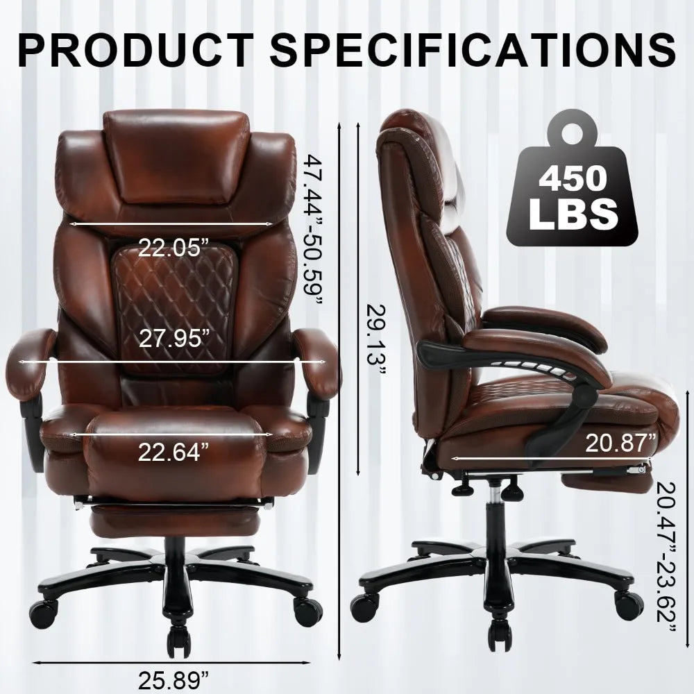 450lbs Big Tall Reclining Office Chairs with Foot Rest Back Support Ergonomic Wide Seat Recliner Desk Chair Brown Leather Execut