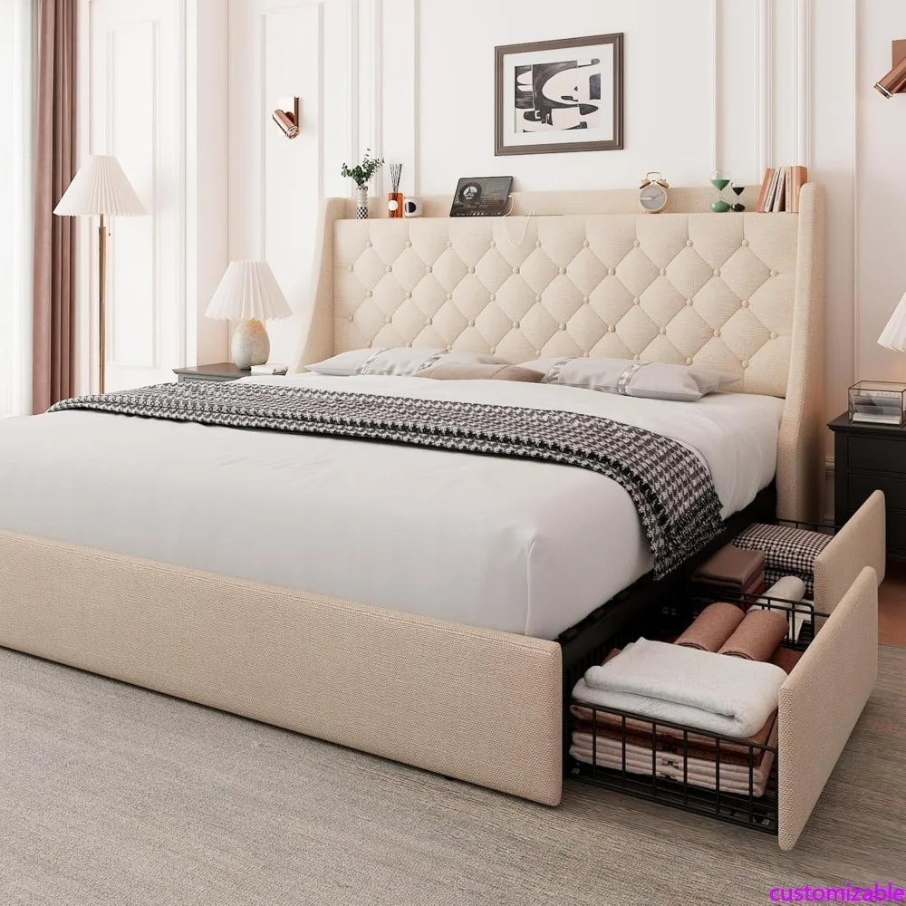 Feonase King-Size Upholstered Bed Frame with Four Storage Drawers, Wingback Headboard, and Charging Station