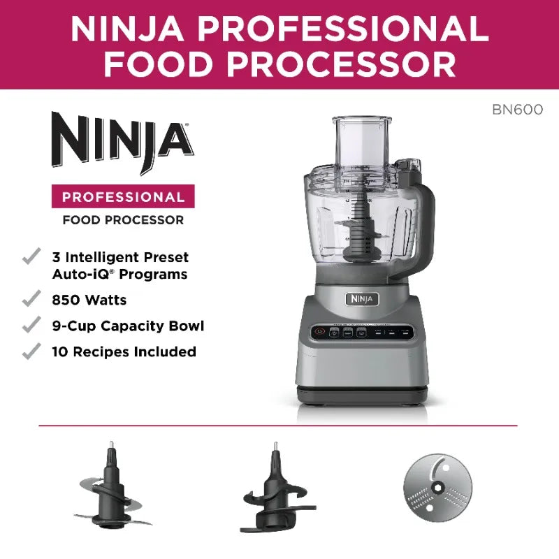 Ninja Professional Food Processor, 850 Watts, 9-Cup Capacity, Auto-iQ Preset Programs, Silver