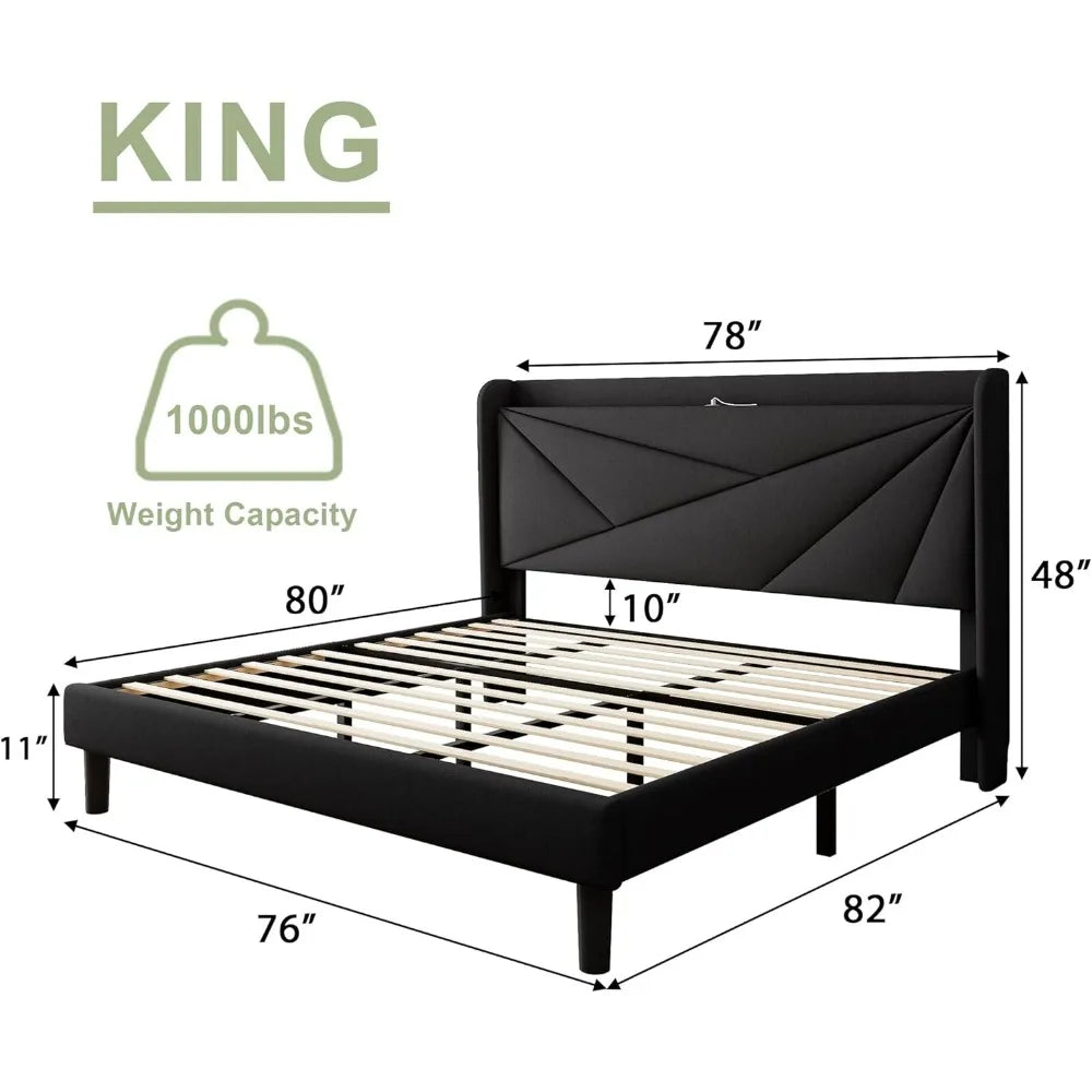 "linen-covered king-sized platform bed with wingback headboard and built-in charging station"